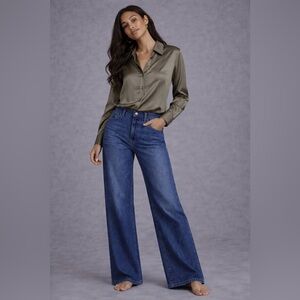 H&M Olive Satin Button Down Blouse Size M | Chic Minimalist